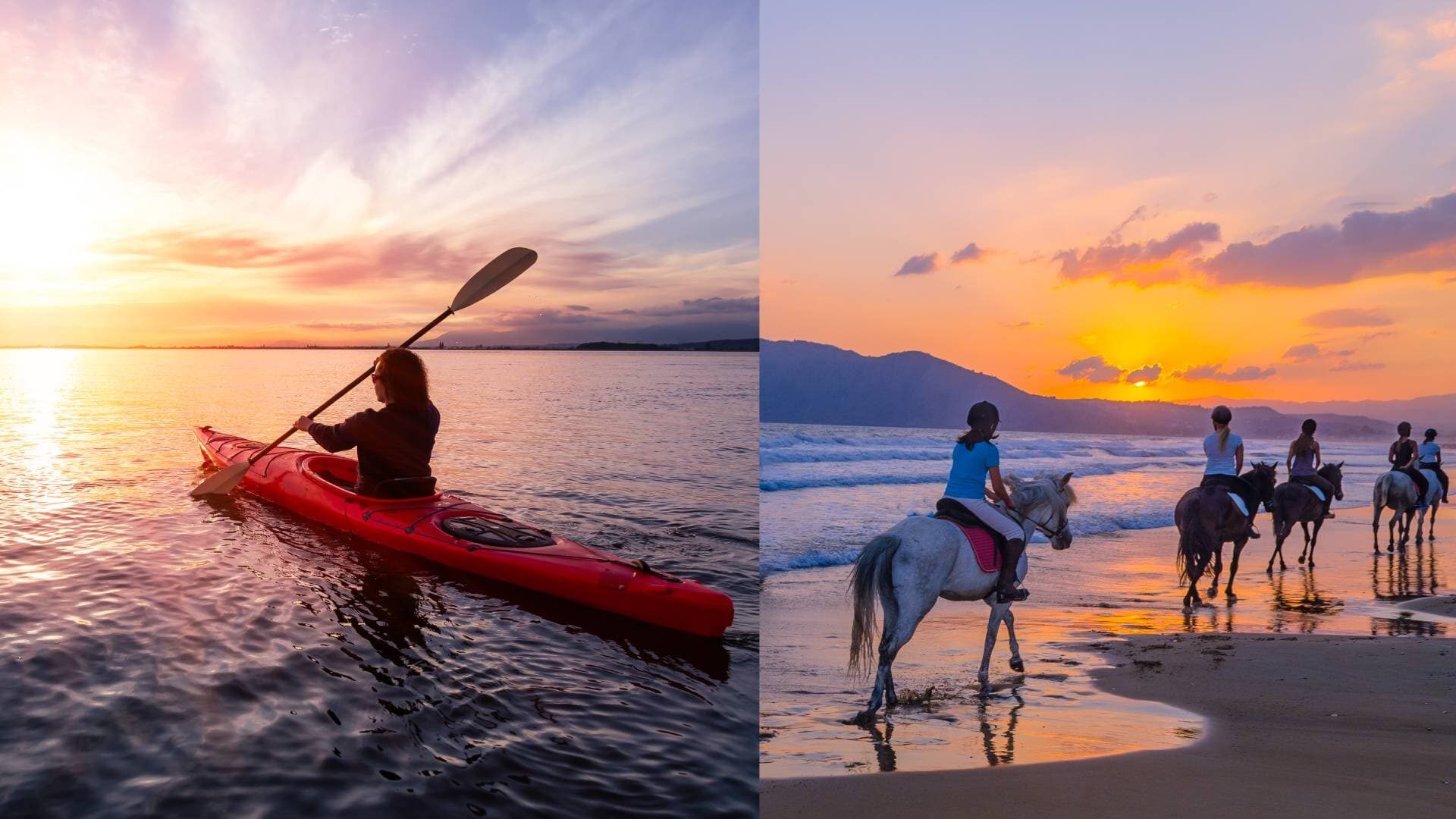 Split image of woman kayaking and a group horseback riding in Santa Barbara
