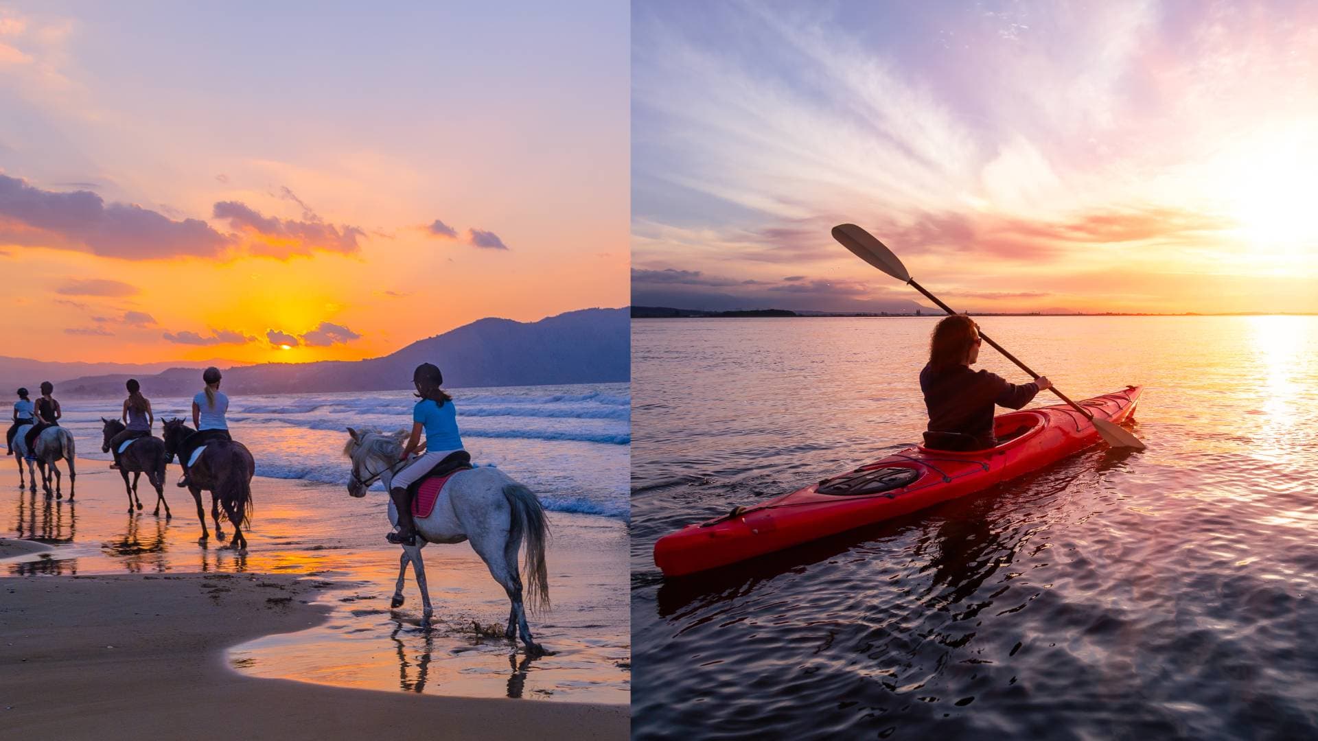 Split image of woman kayaking and a group horseback riding in Santa Barbara